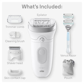 Braun Silk-épil 7 Epilator components laid out including cleaning brush