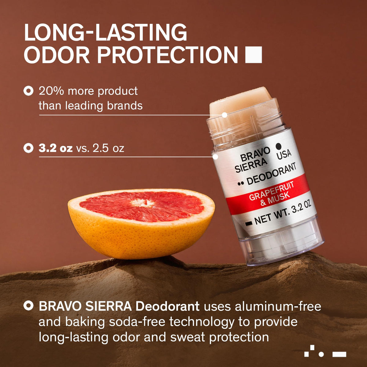 Bravo Sierra deodorant packaging with grapefruit and musk scent