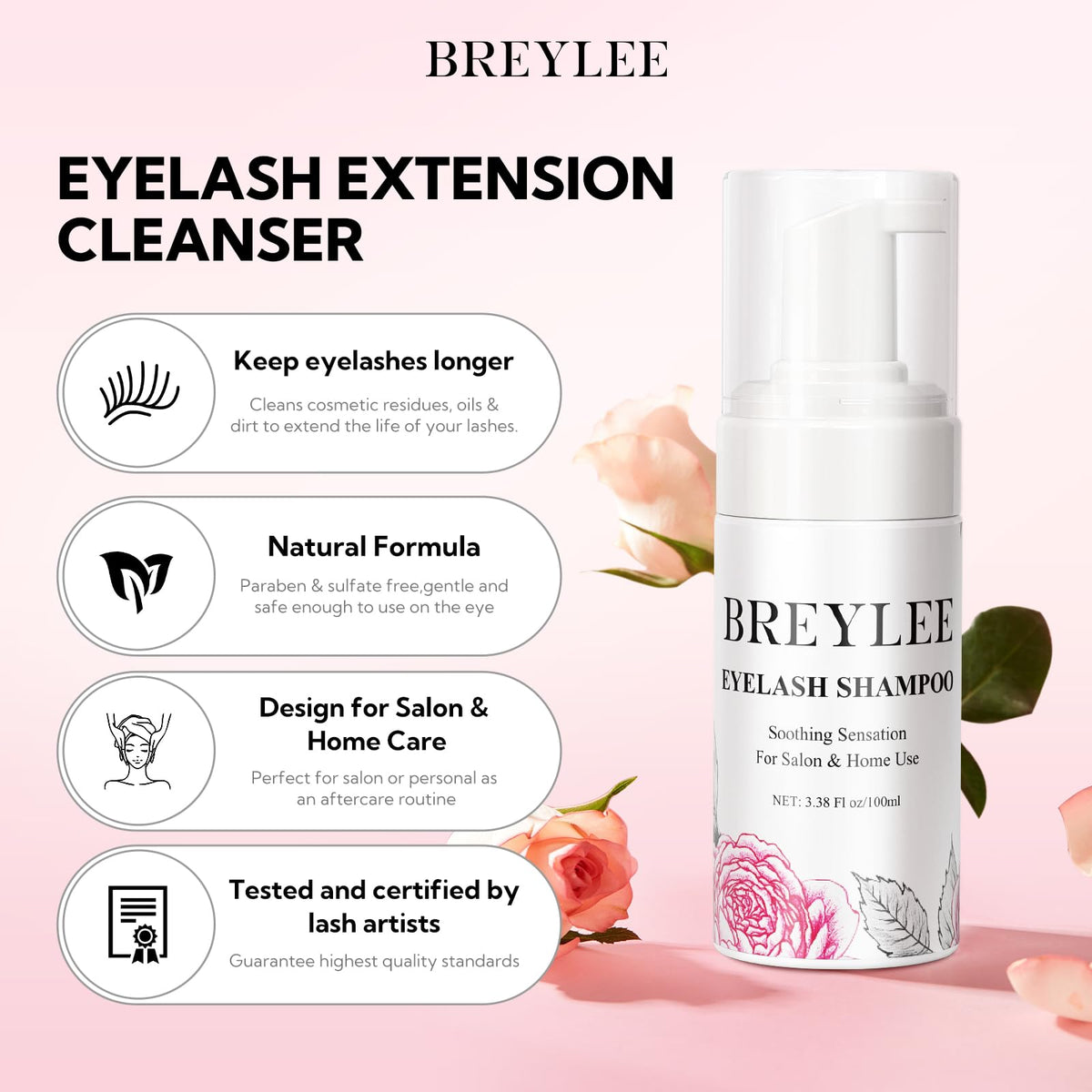 BREYLEE Lash Shampoo bottle with rose scent