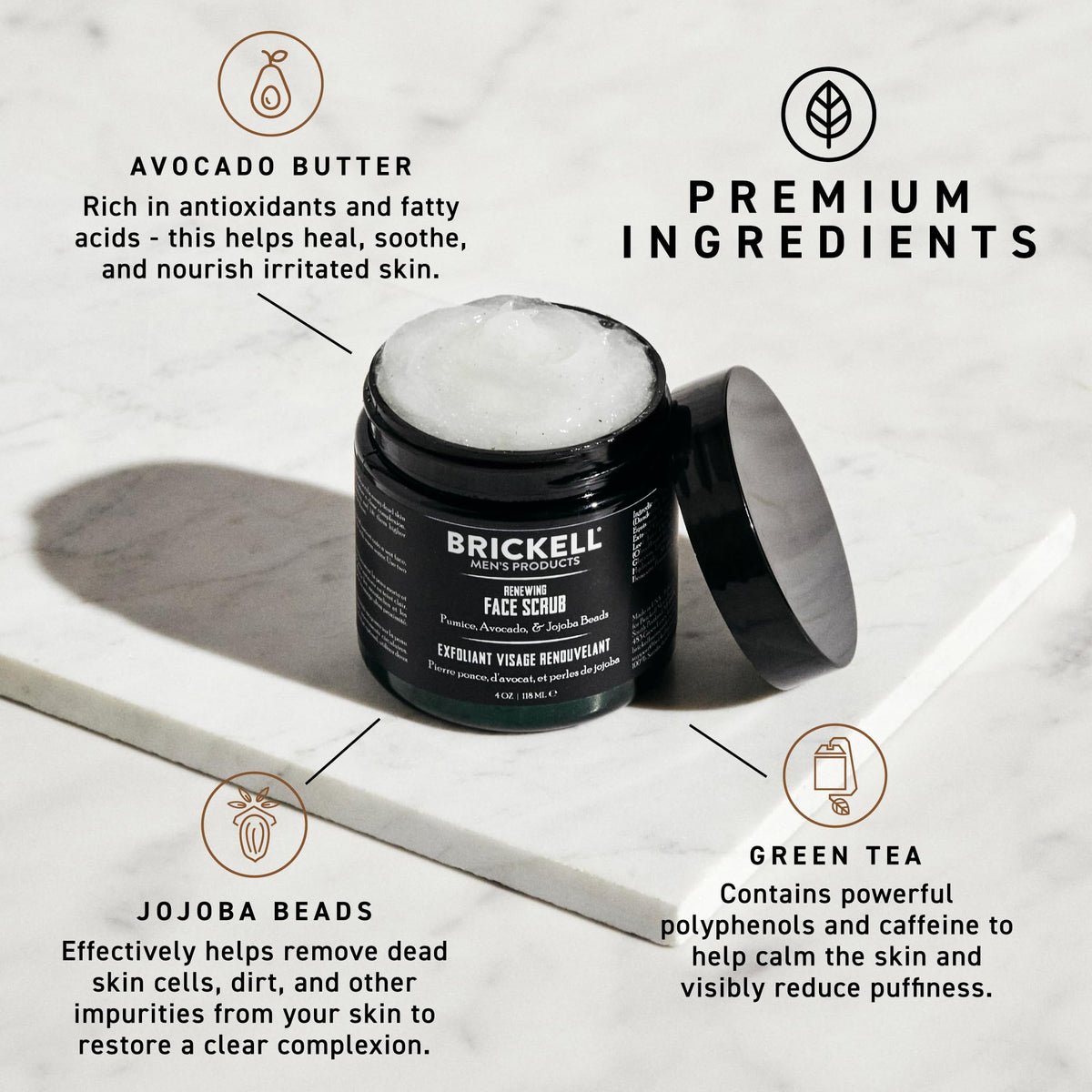 Brickell Men's Renewing Face Scrub back view with ingredients
