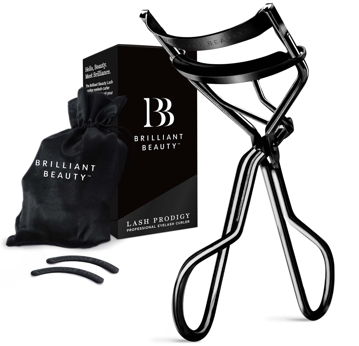 Brilliant Beauty Eyelash Curler front view with satin bag