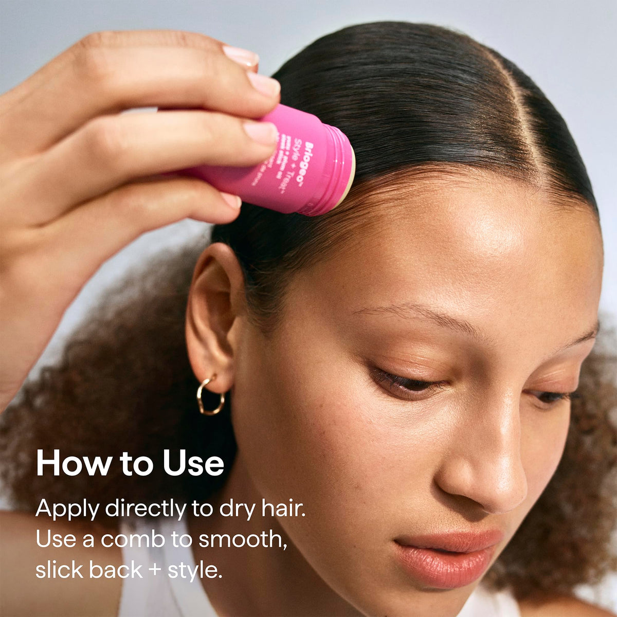 Briogeo Sleek Stick with natural shine finish on hair