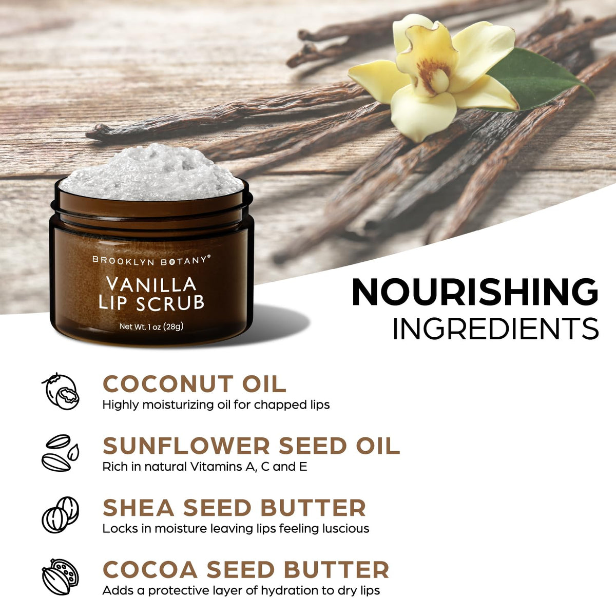 Brooklyn Botany Lip Scrub Exfoliator Vanilla 1 oz on a bathroom counter
