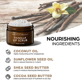 Brooklyn Botany Lip Scrub Exfoliator Vanilla 1 oz on a bathroom counter