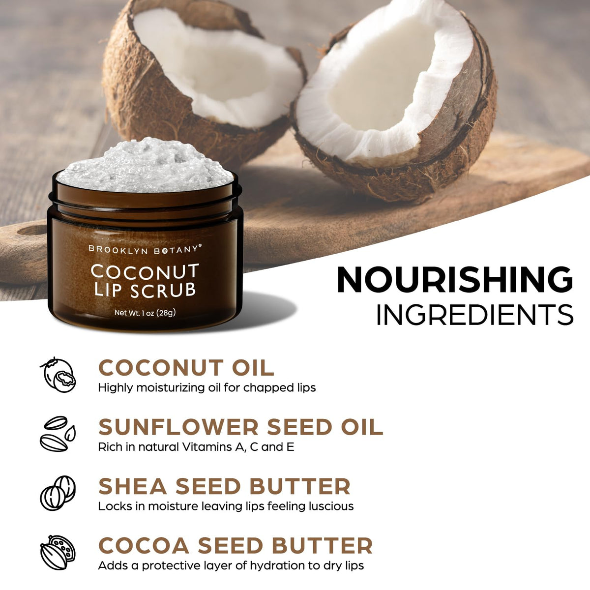Brooklyn Botany Lip Scrub with coconut pieces