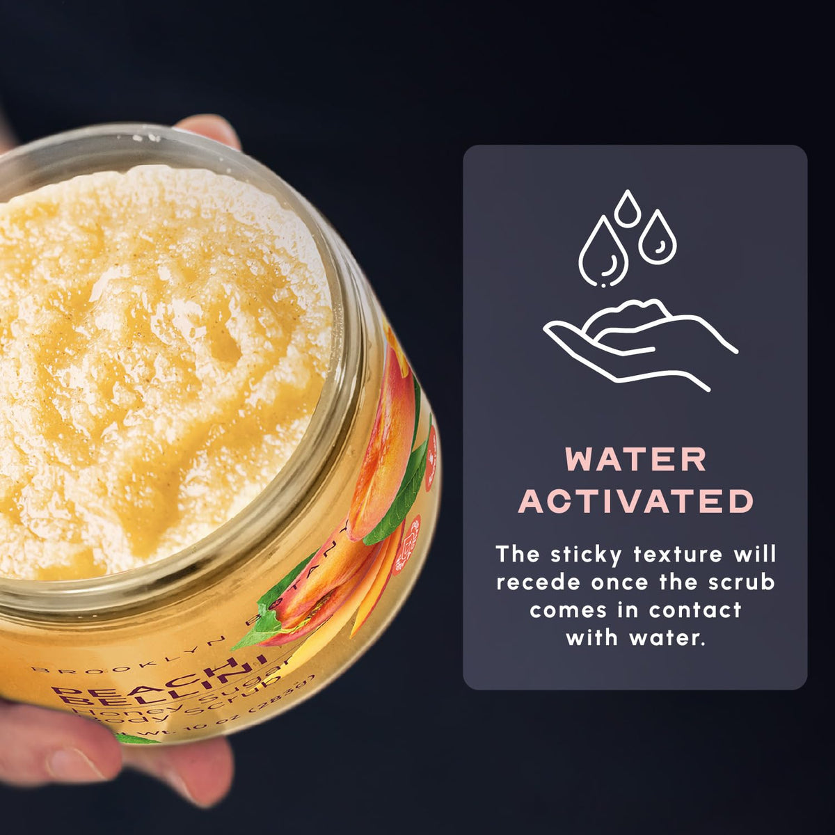 Brooklyn Botany Peach Bellini Honey Sugar Scrub in use during shower