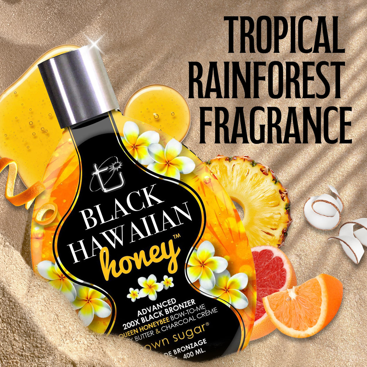 Brown Sugar 200X Bronzer Tanning Lotion with tropical background