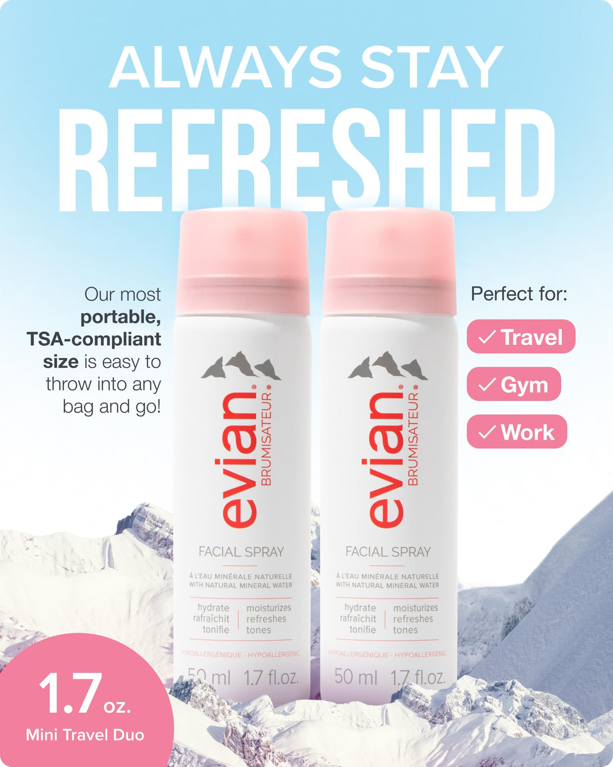 BRUMISATEUR Evian Facial Spray 1.7 oz travel duo packaging