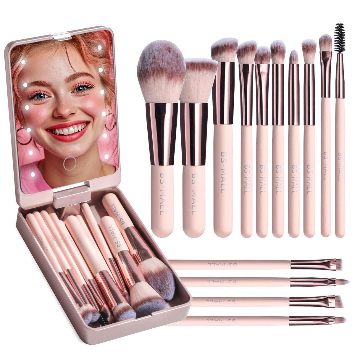 BS-MALL 14 Pcs Makeup Brush Set with LED Light Mirror front view