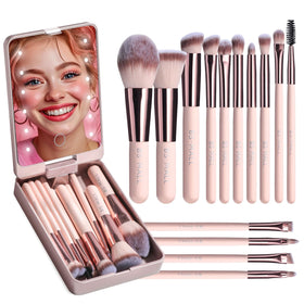 BS-MALL 14 Pcs Makeup Brush Set with LED Light Mirror front view