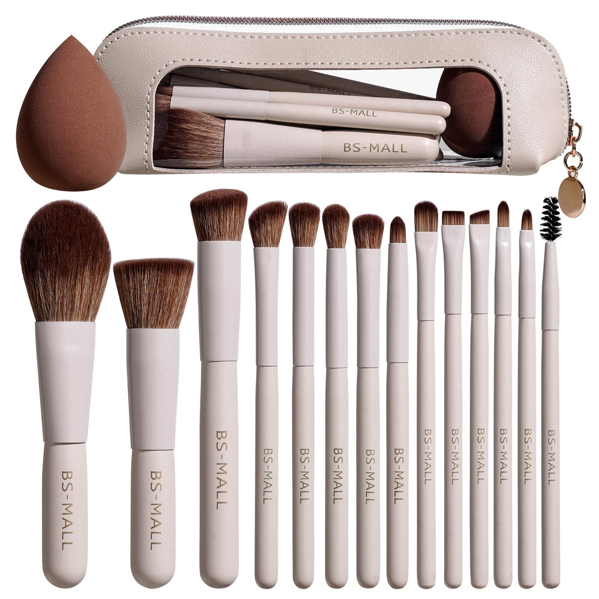 BS-MALL 14 Pcs Makeup Brushes Set in beige with travel case