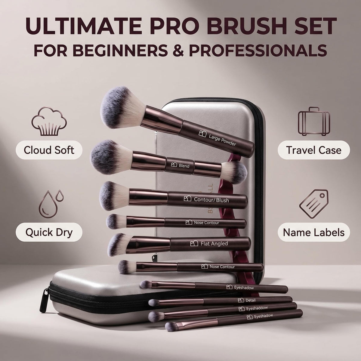 BS-MALL makeup brushes showing various types including foundation and eyeshadow