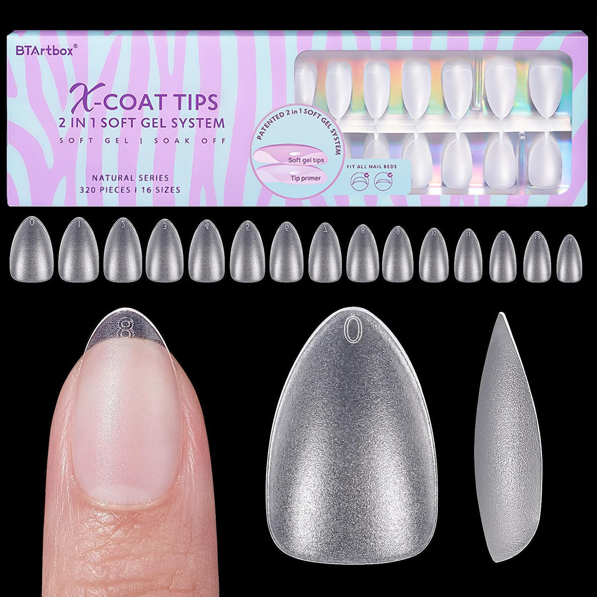 BTArtbox Clear Soft Gel Nail Tips front view, Short Almond shape