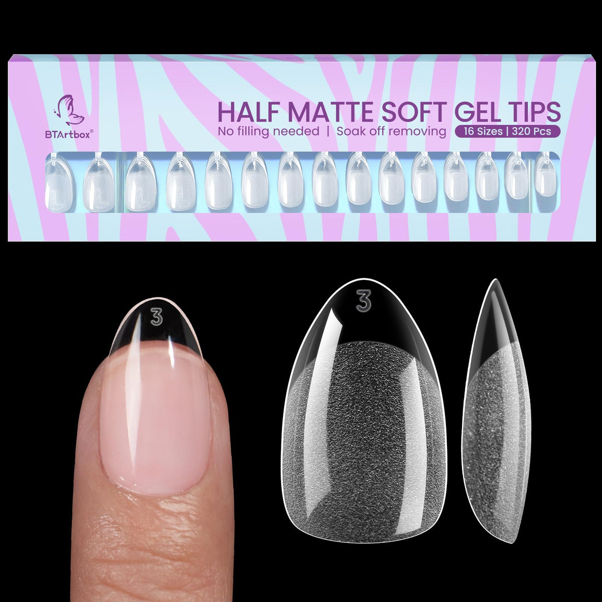 BTArtbox Half Matte Clear Soft Gel Nail Tips front view with packaging