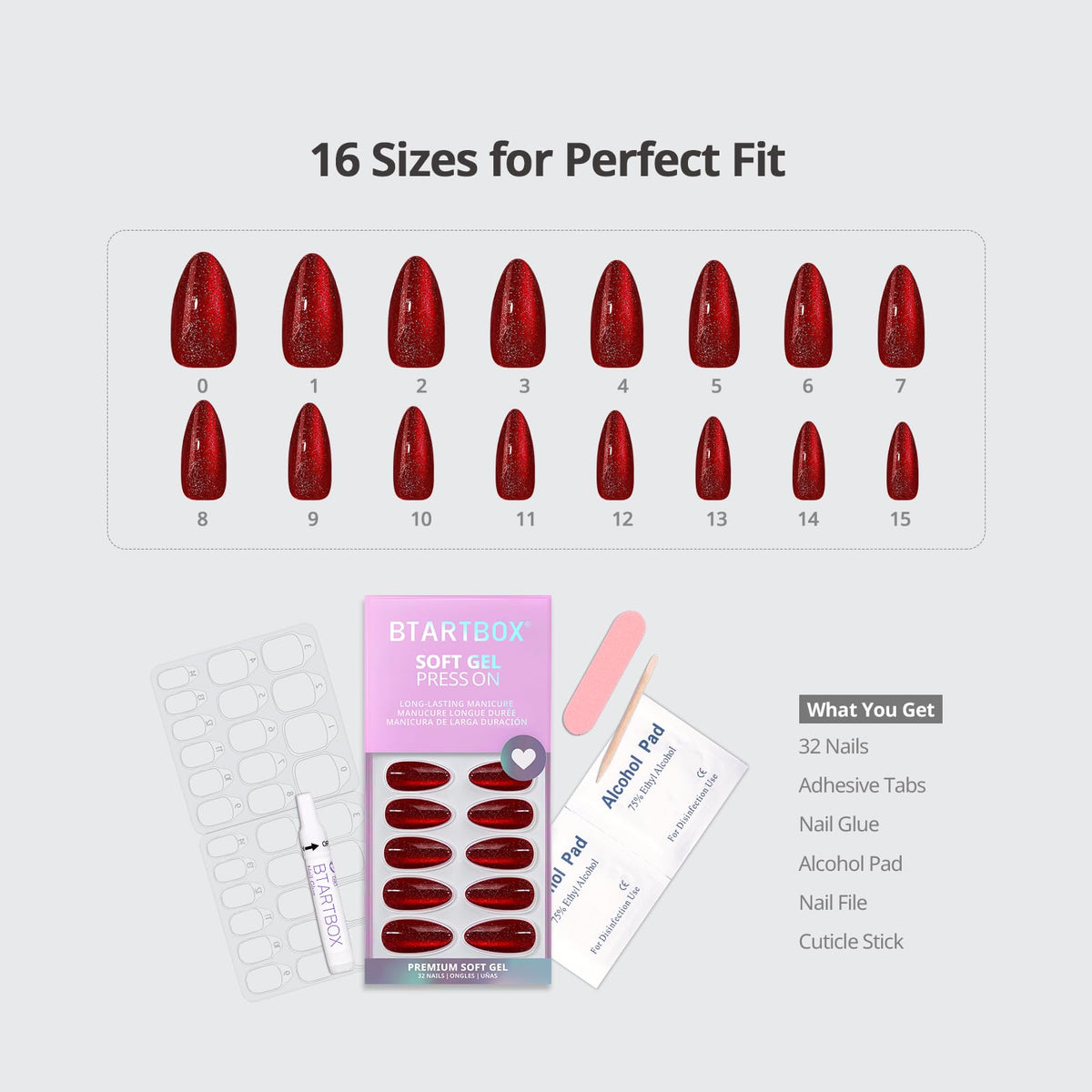 BTArtbox Mystic Ruby Press On Nails displayed with double-sided nail file
