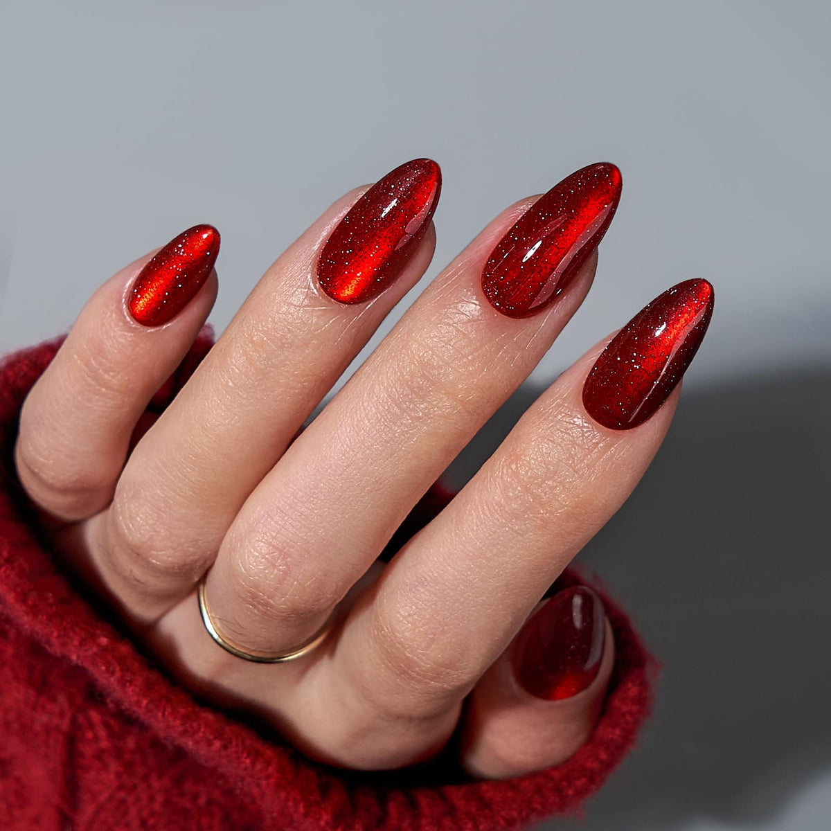 BTArtbox Mystic Ruby Press On Nails front view with dark red cat eye finish