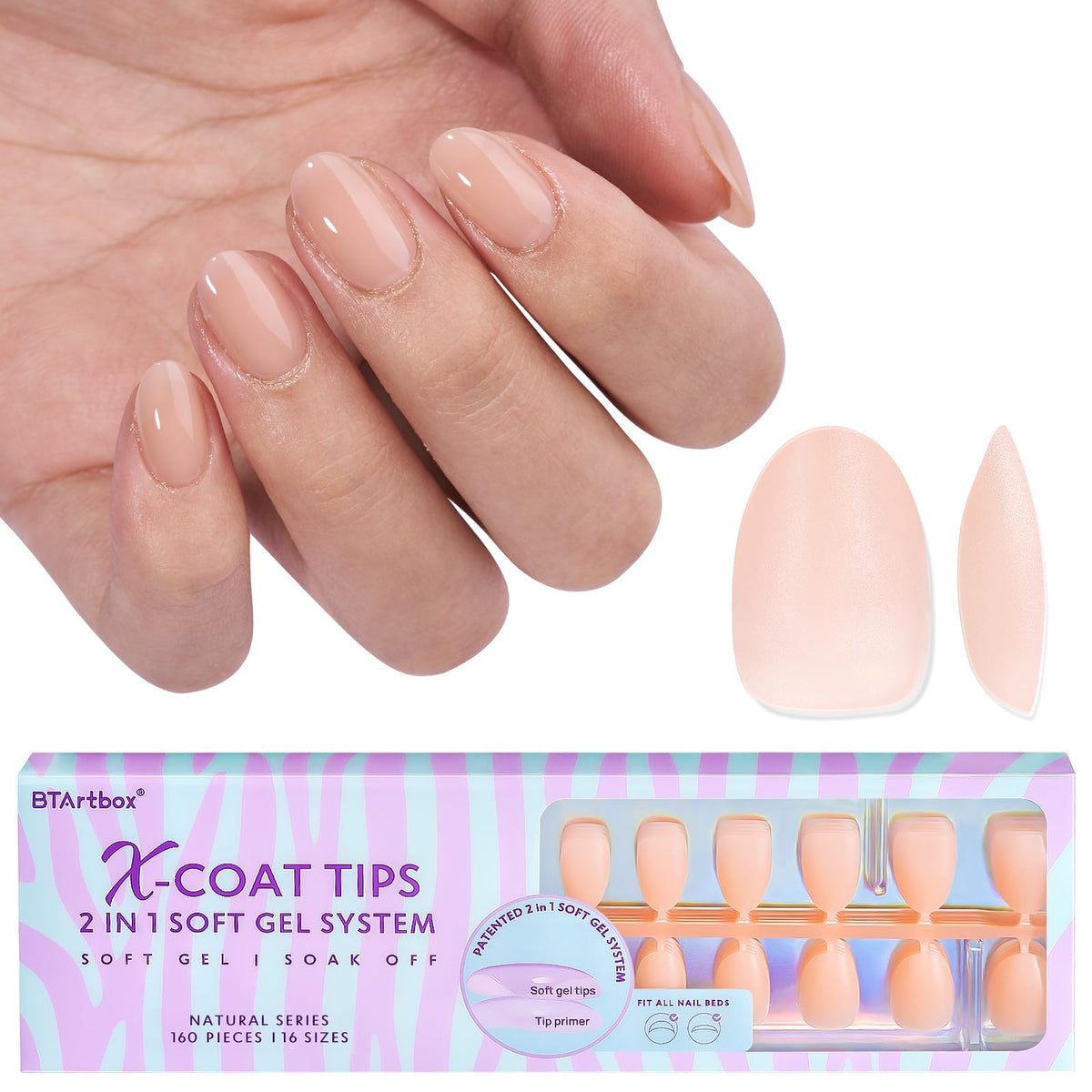 BTArtbox Nude Press On Nails front view with almond shape