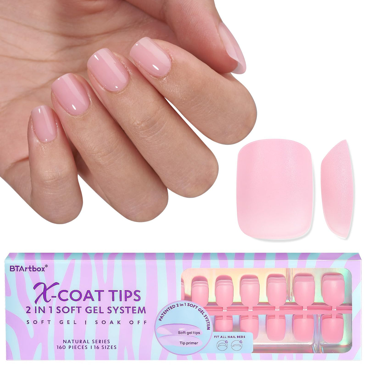 BTArtbox Pink Press On Nails extra short almond front view