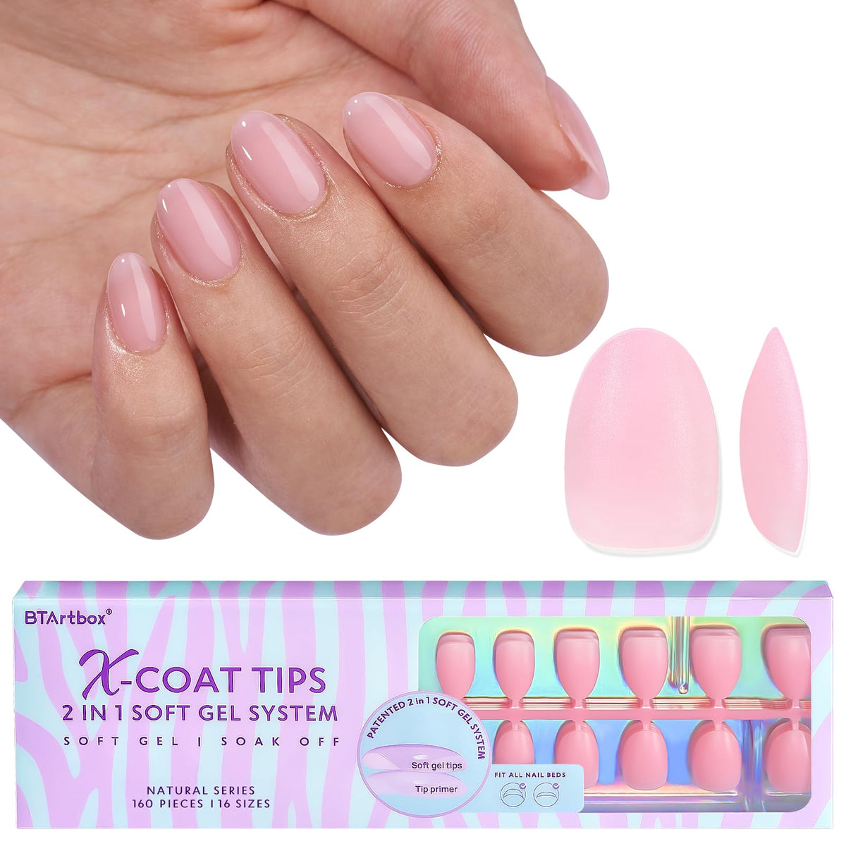 BTArtbox Pink Press On Nails extra short almond front view