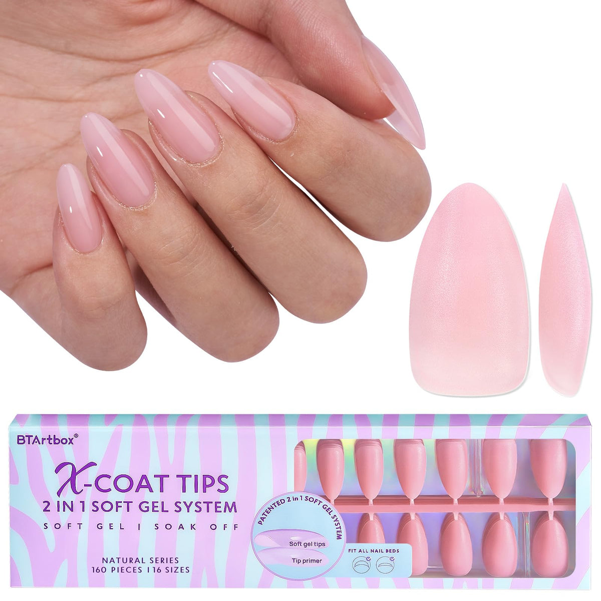 BTArtbox Pink Press On Nails front view with 160 pieces
