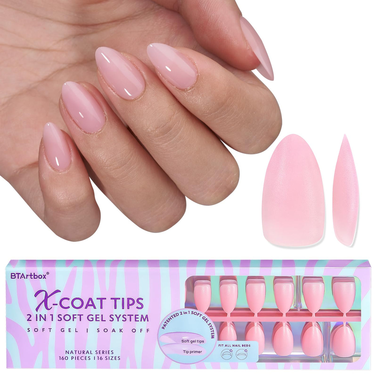 BTArtbox Pink Press On Nails Short Almond front view