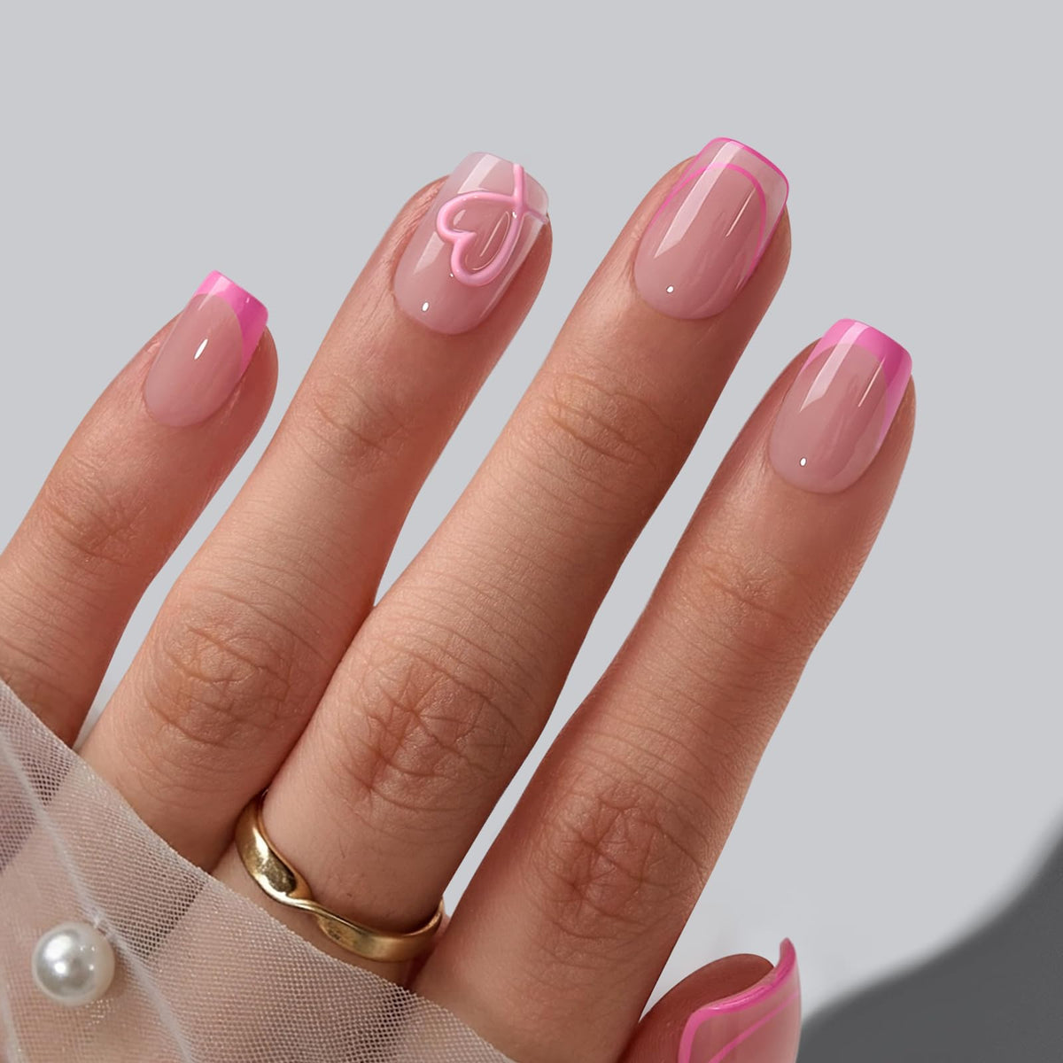 BTArtbox Press On Nails A Little Romance short square French tip front view