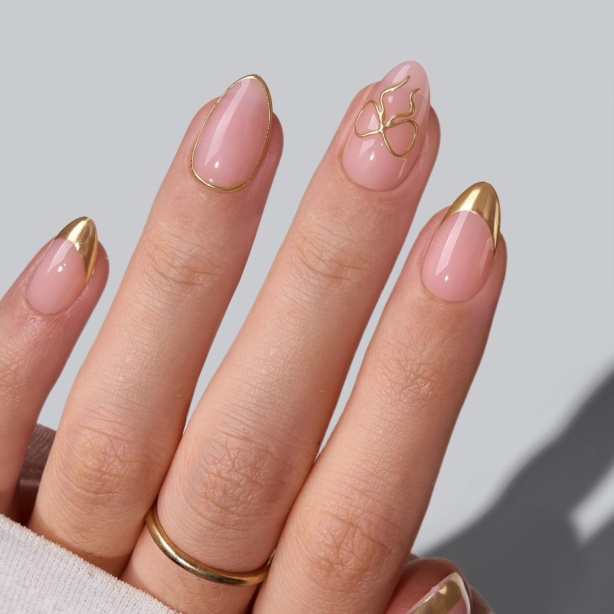 BTArtbox Press On Nails Almond Gold French Tip front view