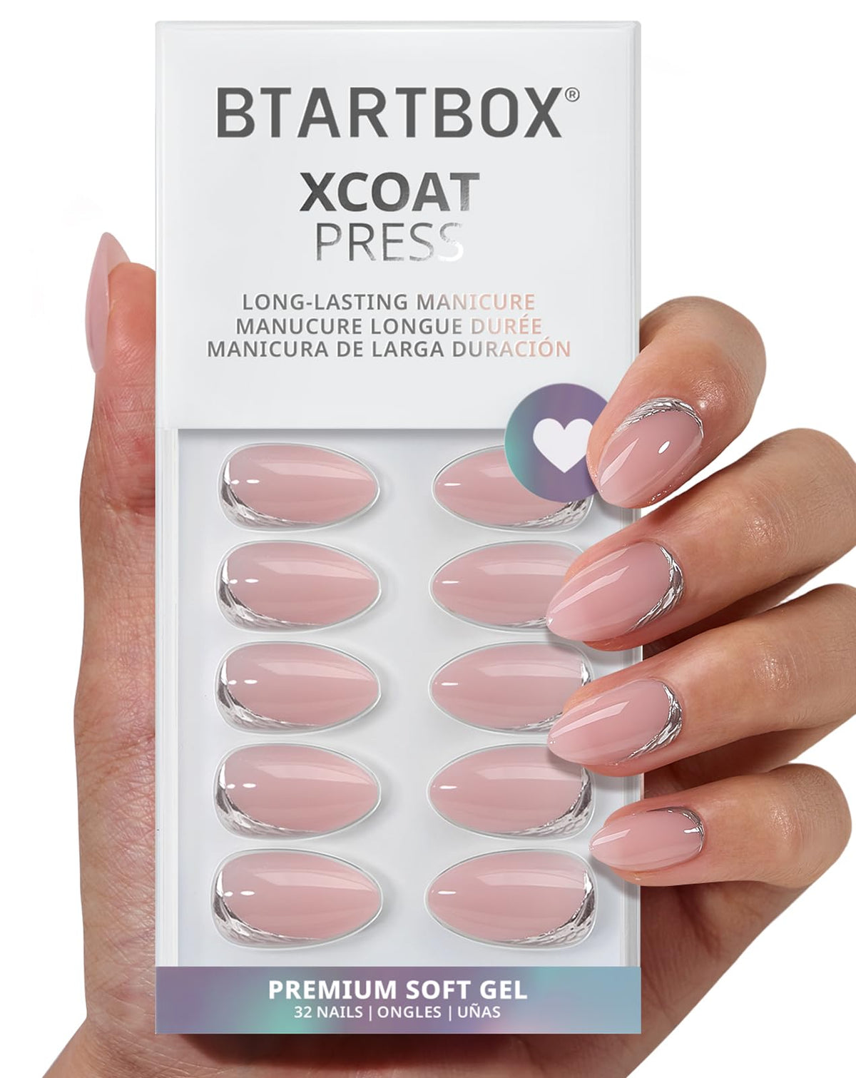 BTArtbox Press On Nails Almond Secret Signal front view with pink silver finish