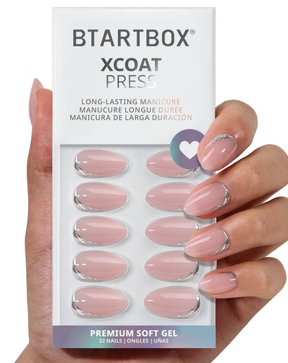 BTArtbox Press On Nails Almond Secret Signal front view with pink silver finish