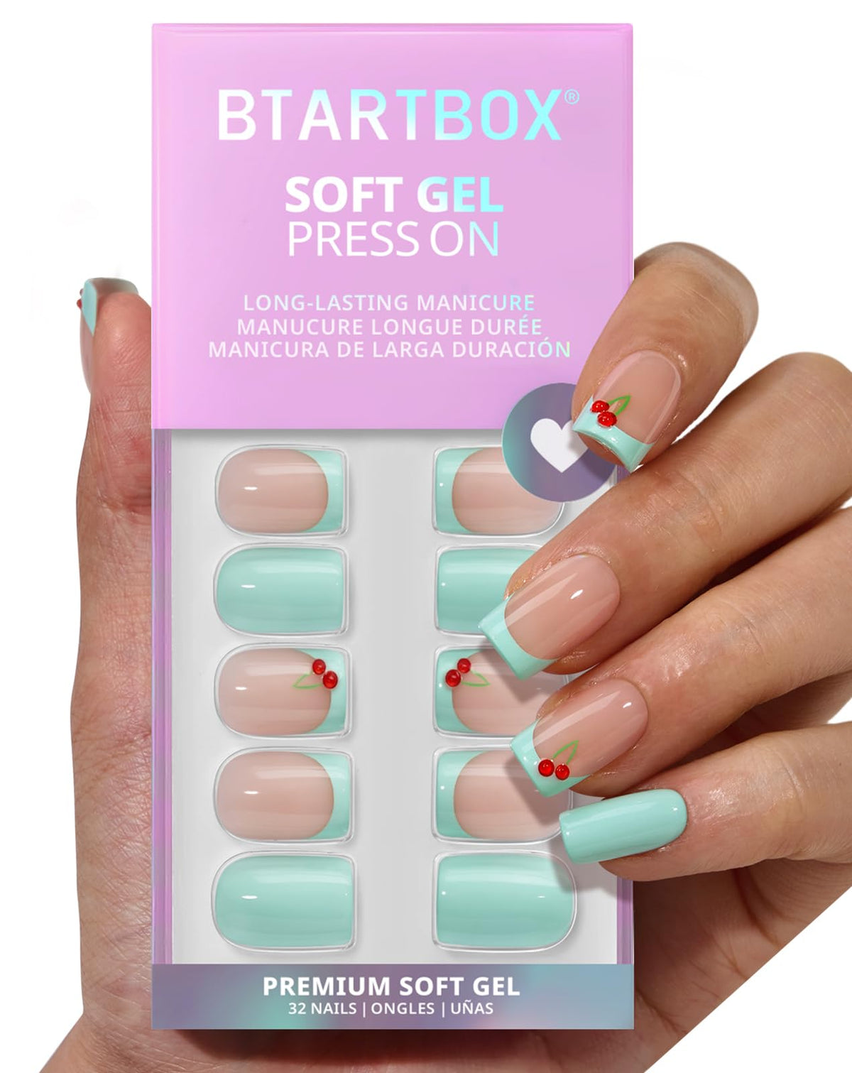 BTArtbox Press On Nails Berry Pail front view with green French tips
