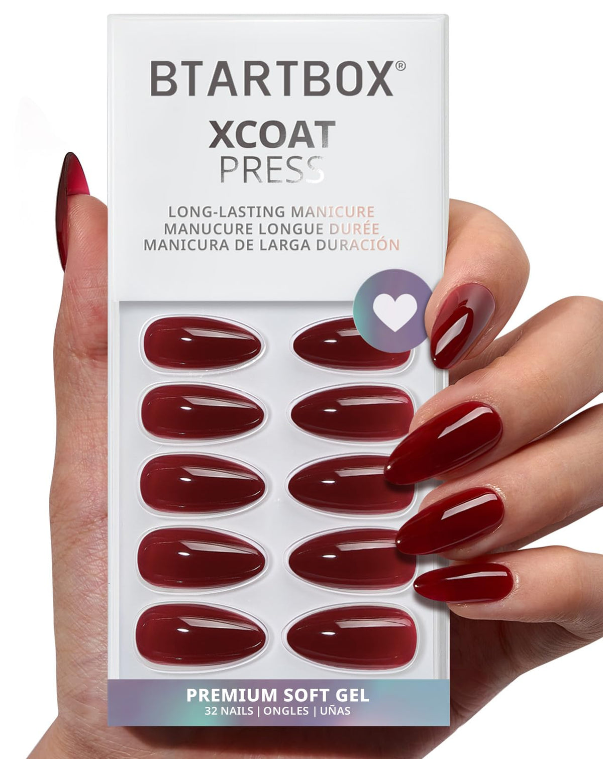 BTArtbox Press On Nails Blackout Medium Almond Dark Red front view