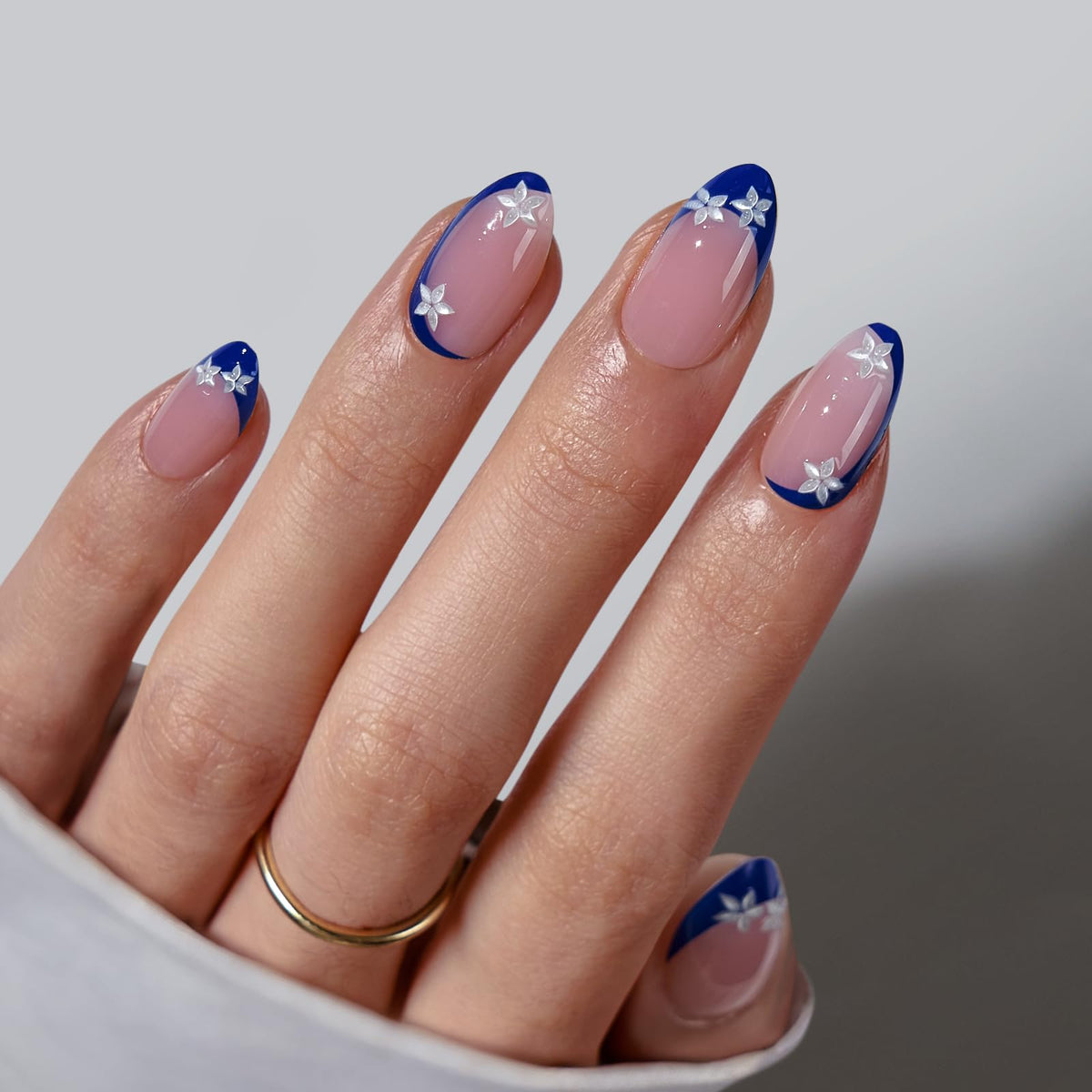 BTArtbox Press On Nails Blue Blossom front view with French tips