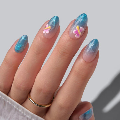 BTArtbox Press On Nails Blue Holiday front view with short almond shape