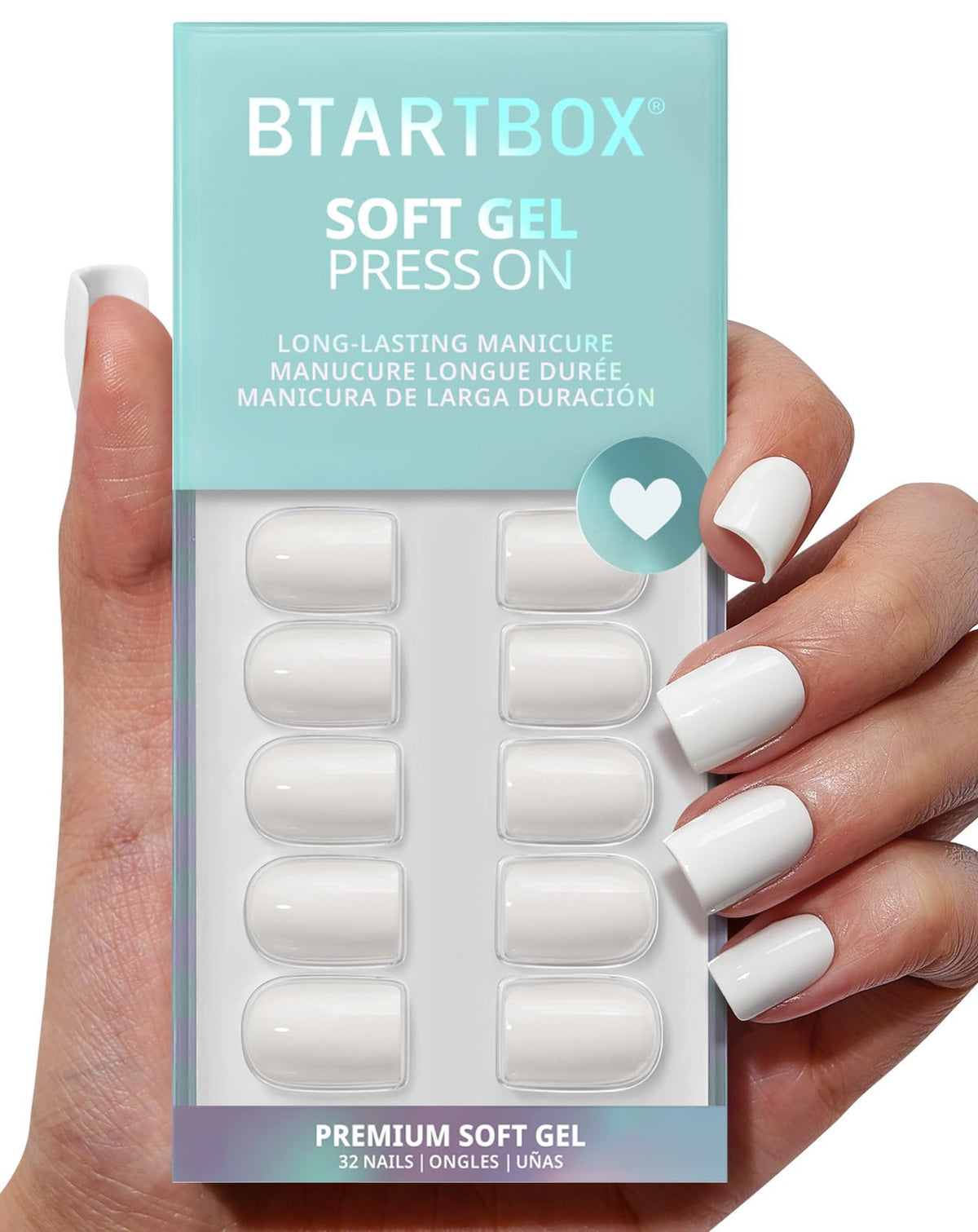 BTArtbox Press On Nails bright white short square front view