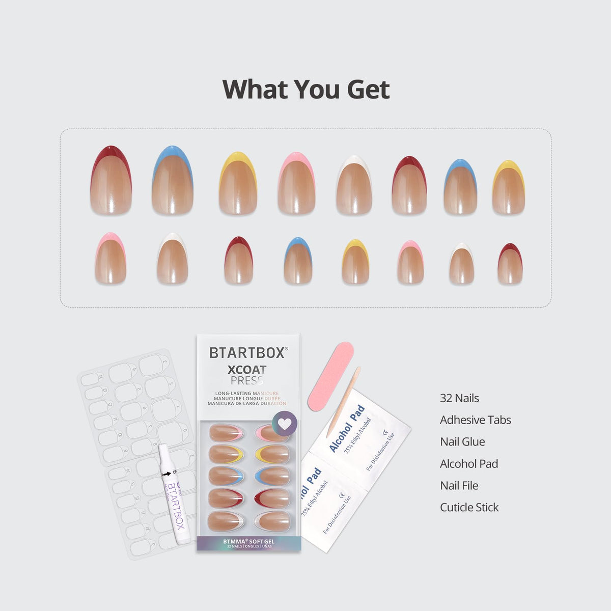 BTArtbox Press On Nails Cha-Cha Short Almond nail glue and accessories