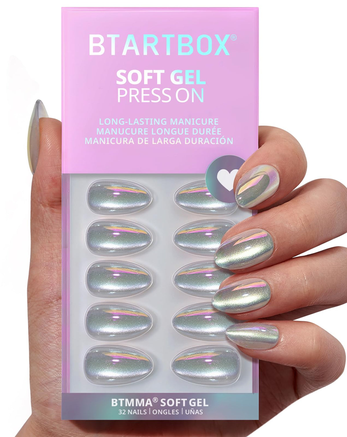 BTArtbox Press On Nails Chaos Chrome Short Almond front view