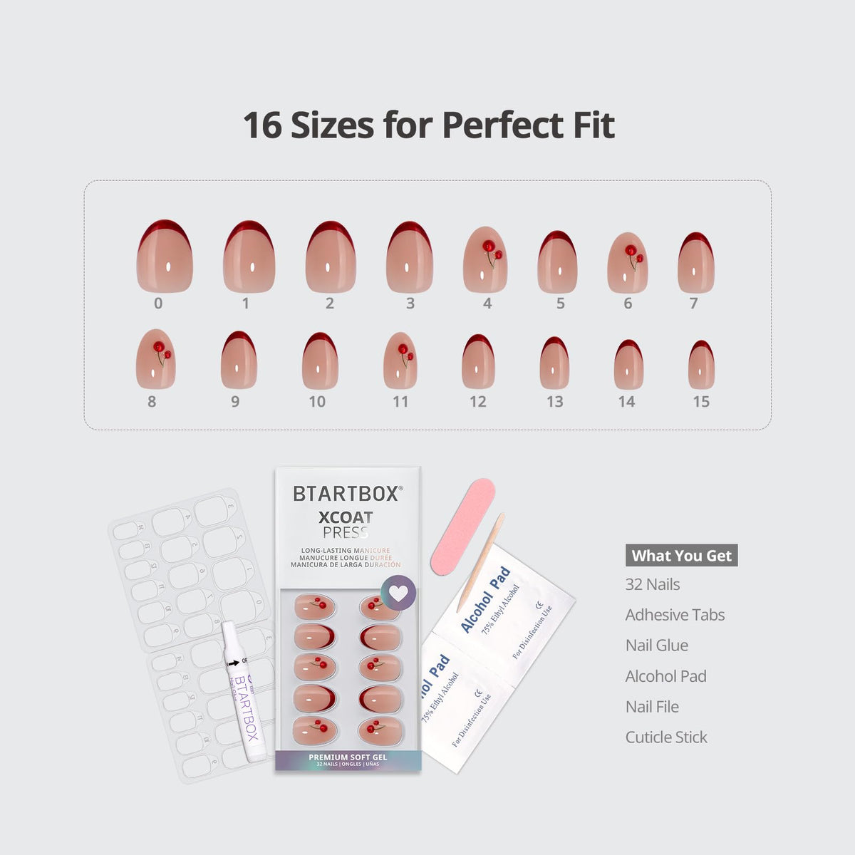 BTArtbox Press On Nails Cherry Charm in various sizes arranged