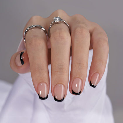 BTArtbox Press On Nails classic black short square French tip front view