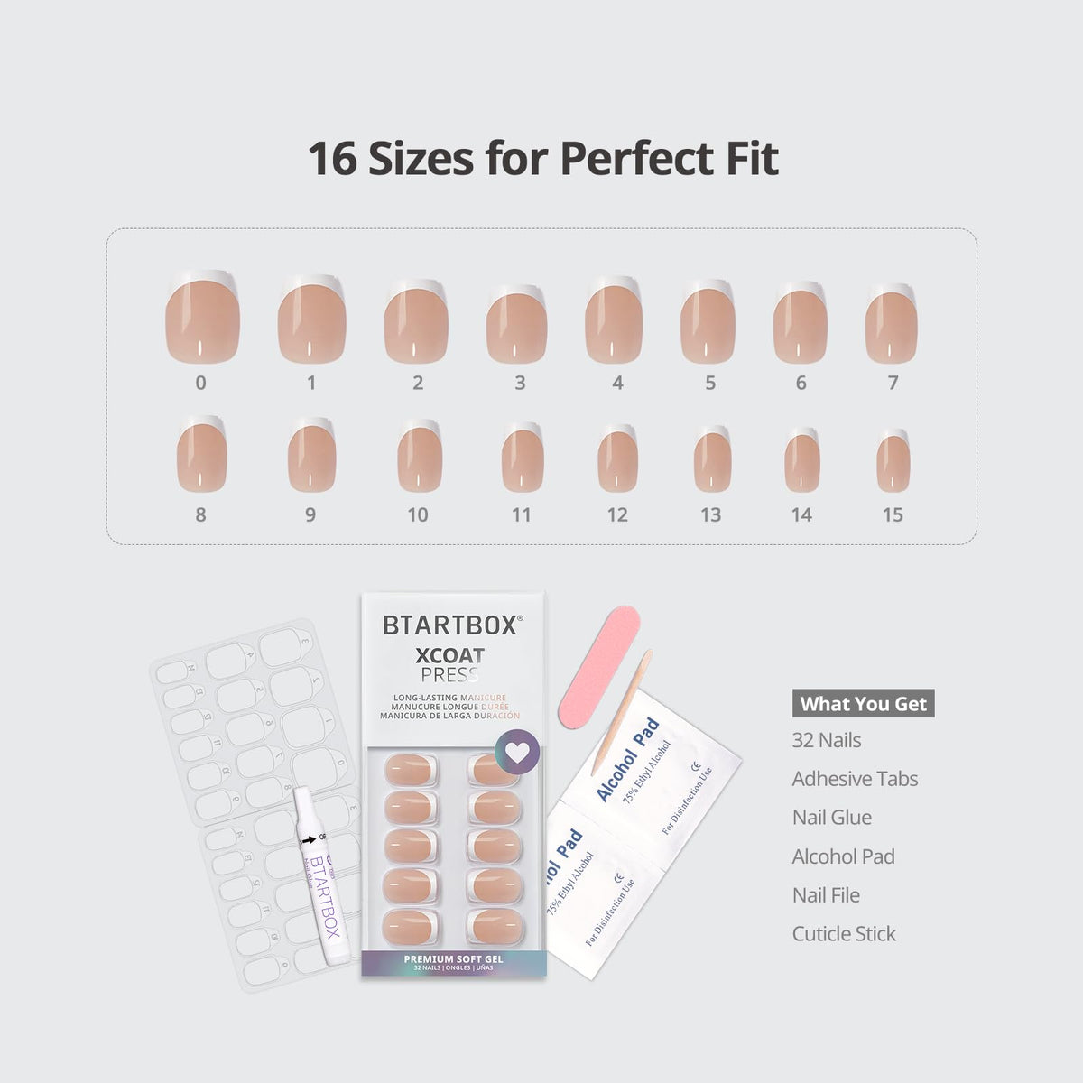 BTArtbox Press On Nails Classic White Short Square French Tip with nail file and wooden stick