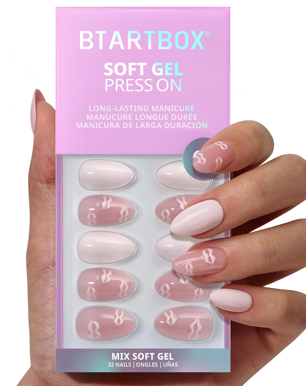 BTArtbox Press On Nails Dainty Kiss front view with 3D pink lip design