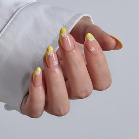 BTArtbox Press On Nails Daisy yellow French tips close-up
