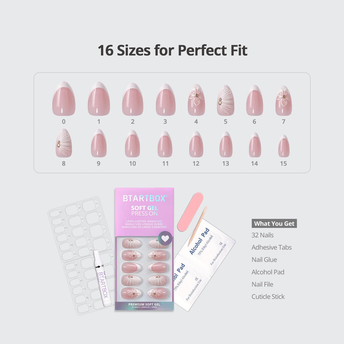 BTArtbox Press On Nails Dew-Kissed Bud in various sizes displayed