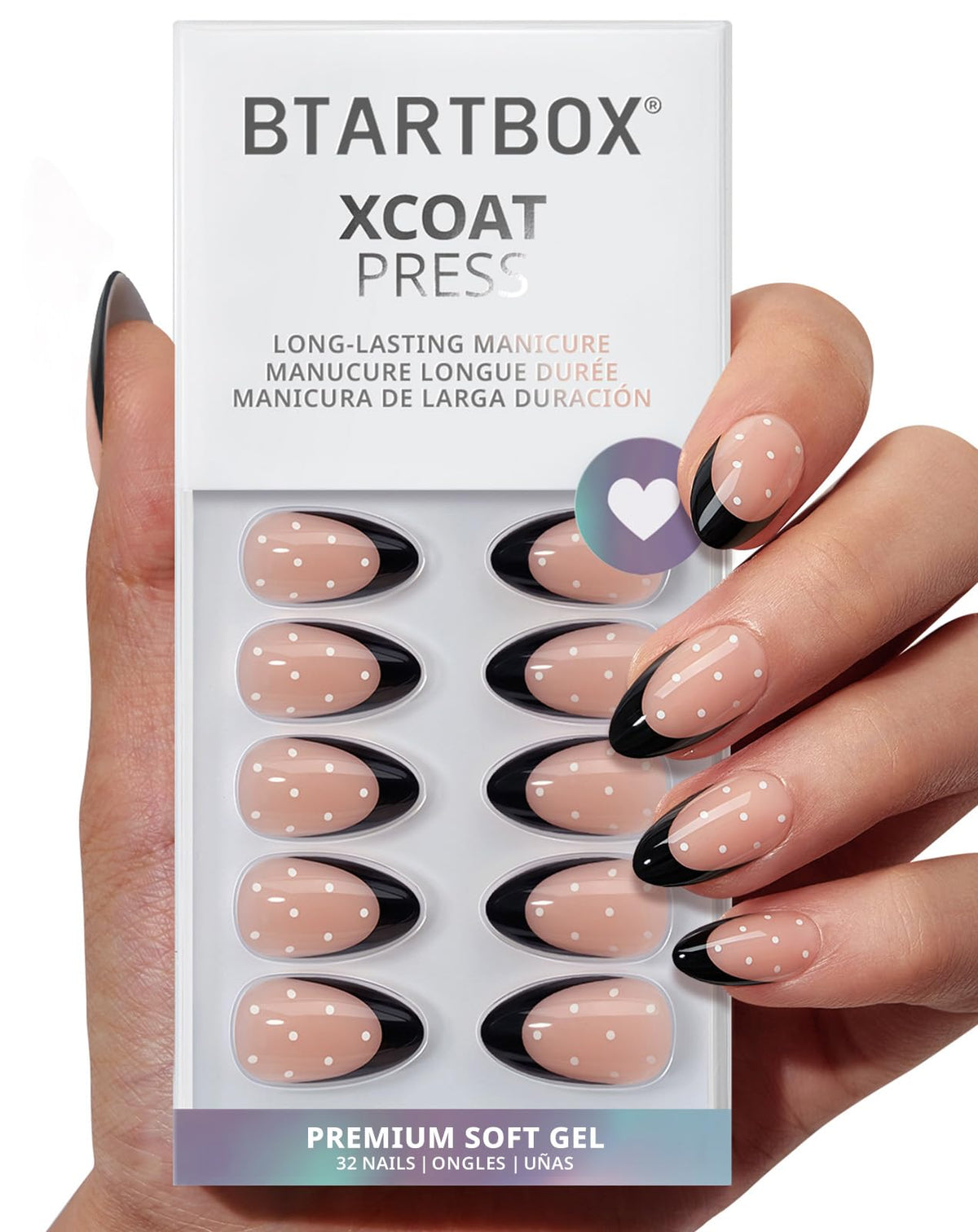 BTArtbox Press On Nails Dot Couture Short Almond Black French Tips front view