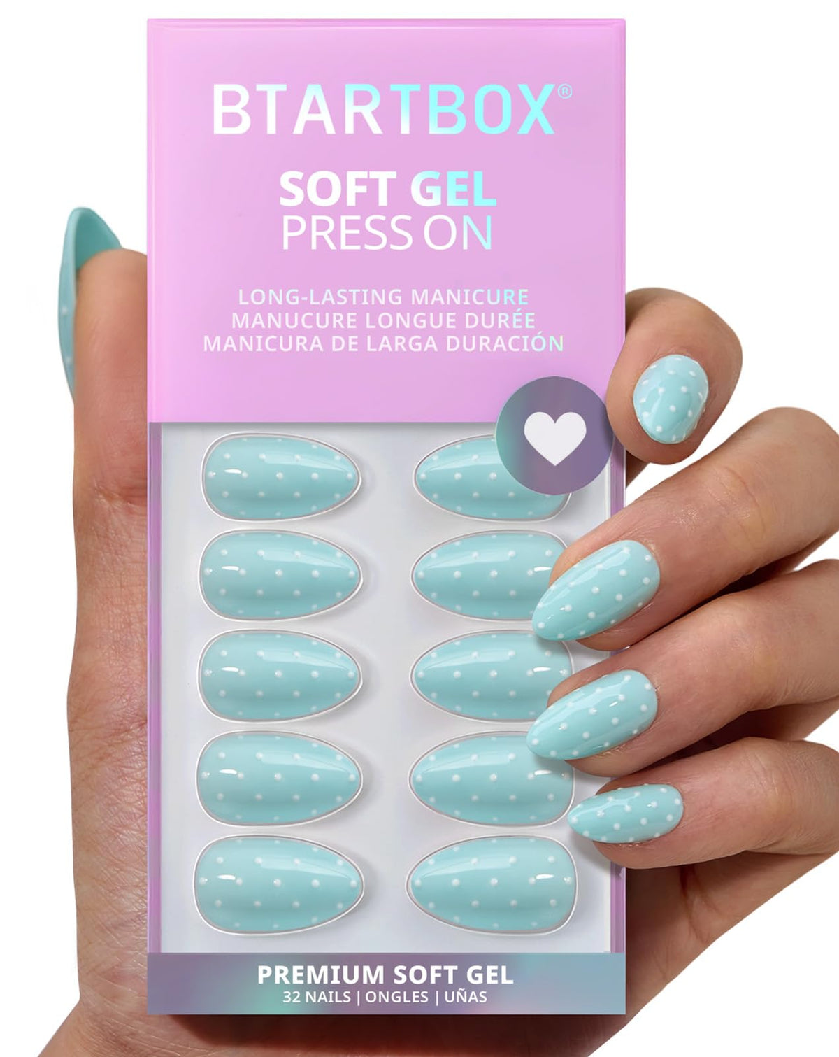 BTArtbox Press On Nails Dotted Overalls baby blue short almond front view