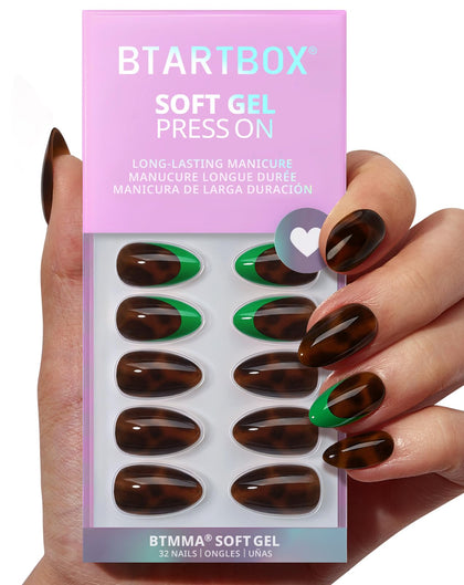 BTArtbox Press On Nails Emerald Code front view with tortoiseshell design