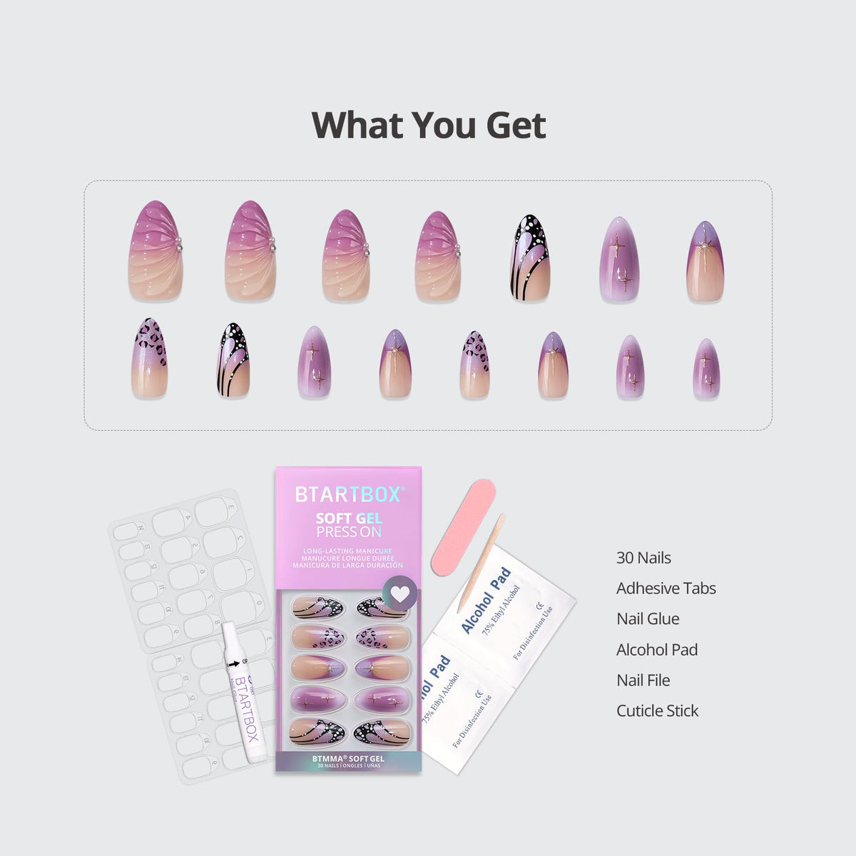 BTArtbox Press On Nails Flutter Besties side view showing medium almond shape