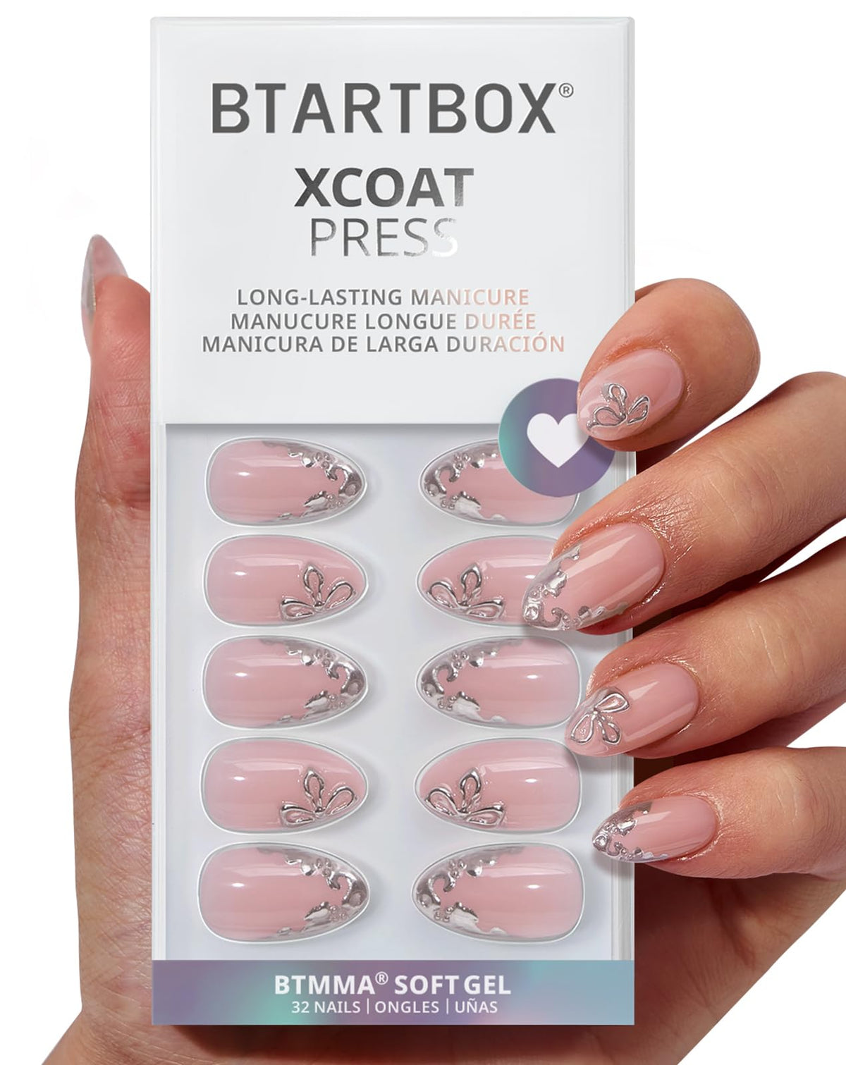 BTArtbox Press On Nails Frost Glam front view with 3D silver flowers