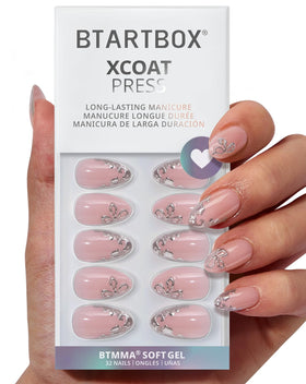 BTArtbox Press On Nails Frost Glam front view with 3D silver flowers