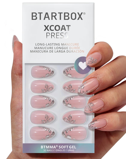 BTArtbox Press On Nails Frost Glam front view with 3D silver flowers