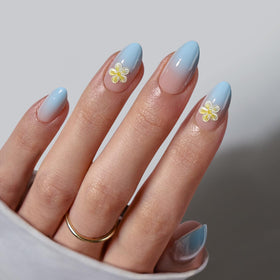 BTArtbox Press On Nails Garden Party front view with 3D blue flowers